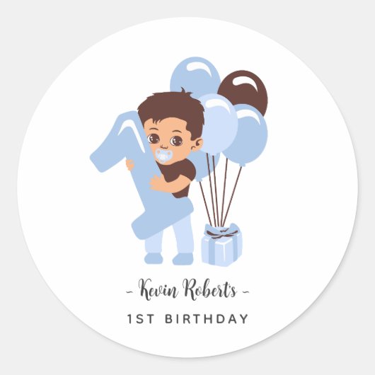 赤ちゃん 男の子 1歳の誕生日 青い風船 ラウンドシール (正面)