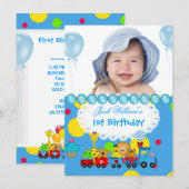 赤ちゃん 男の子 1歳 誕生日 お祝い 電車 ブルー 招待状 (正面/裏面)