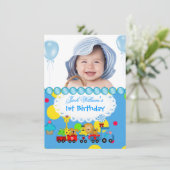 赤ちゃん 男の子 1歳 誕生日 お祝い 電車 ブルー 招待状 (スタンド正面)