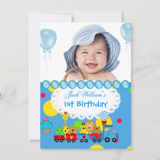 赤ちゃん 男の子 1歳 誕生日 お祝い 電車 ブルー 招待状 (正面)