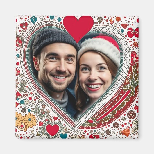 赤とかわいらしターコイズハートフレーム マグネット (正面)