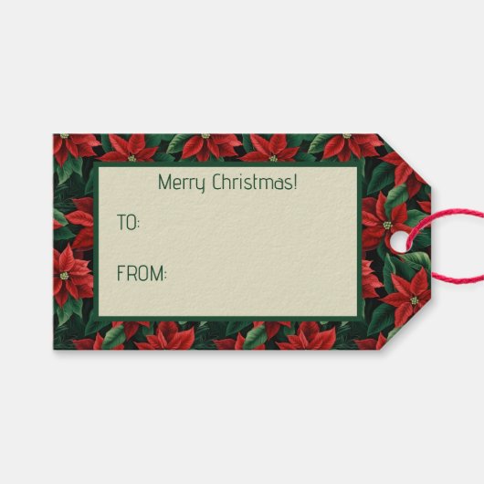 赤とかわいらし緑のポインセティアスのデジタルアート ギフトタグ (正面(横))