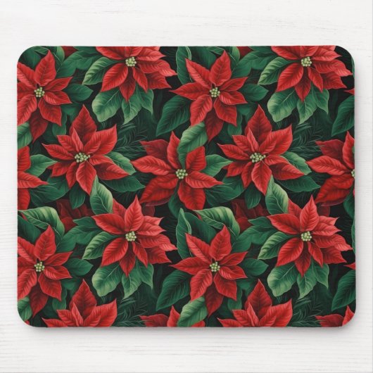 赤とかわいらし緑のポインセティアスのデジタルアート マウスパッド (正面)