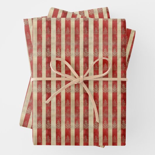 赤とアイボリーのストライプに distressed モチーフ ラッピングペーパーシート (インサイチュ)