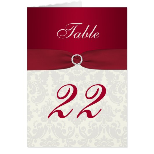 赤とアイボリーのダマスクのテーブル番号カード (正面)