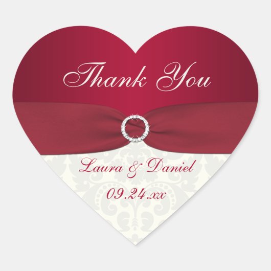 赤とアイボリーのダマスクハート形の結婚ステッカー ハートシール (正面)