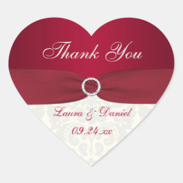 赤とアイボリーのダマスクハート形の結婚ステッカー ハートシール