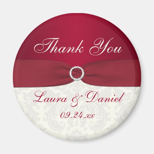 赤とアイボリーのダマスク ウェディング フェイバー マグネット (正面)