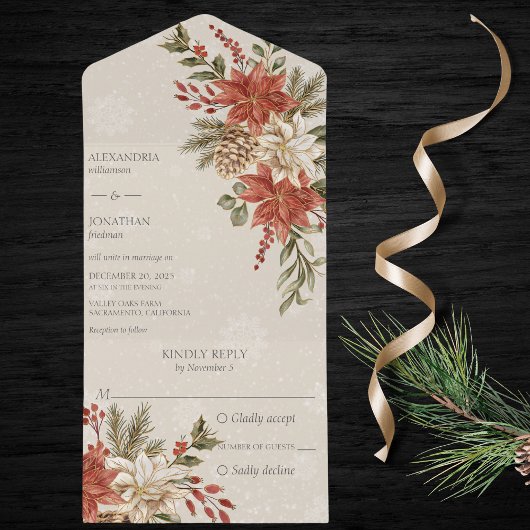 赤とアイボリーのポインセチアが降雪のベージュに映える オールインワン招待状