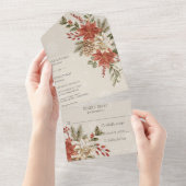 赤とアイボリーのポインセチアが降雪のベージュに映える オールインワン招待状 (貼ってはがせる)