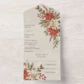 赤とアイボリーのポインセチアが降雪のベージュに映える オールインワン招待状 (内側)