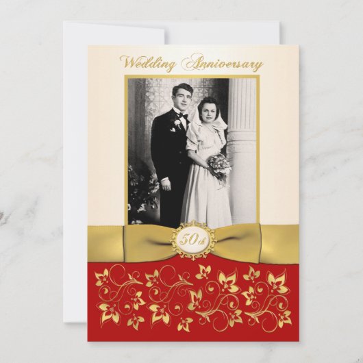 赤とアイボリーのリボン プリント 50周年記念招待状 招待状 (正面)