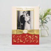 赤とアイボリーのリボン プリント 50周年記念招待状 招待状 (スタンド正面)