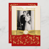 赤とアイボリーのリボン プリント 50周年記念招待状 招待状 (正面/裏面)