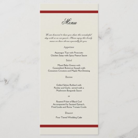 赤とアイボリーの映画ヴィンテージウェディングメニュー メニュー (正面)