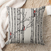 赤とアイボリーの樺の木の木と赤の(鳥)ショウジョウコウカンチョウの鳥 クッション (ブランケット)