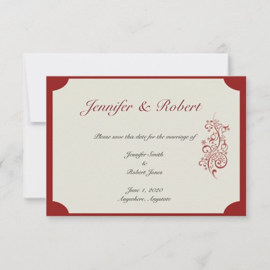 赤とアイボリーのFiligreeヴィンテージ日付の保存 セーブザデート (正面)