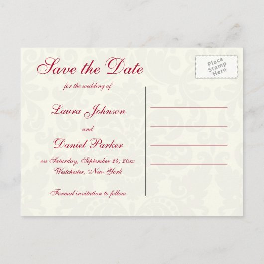 赤とアイボリーダマスク日付はがきを保存 案内ポストカード (裏面)