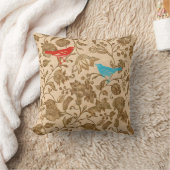 赤とアクアのヴィンテージモダンフローラの鳥のパターン クッション (ブランケット)