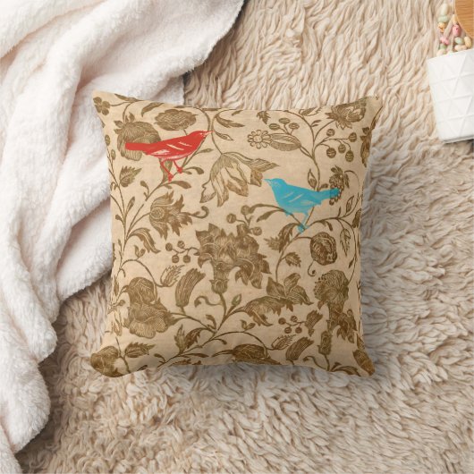 赤とアクアのヴィンテージモダンフローラの鳥のパターン クッション (ブランケット)