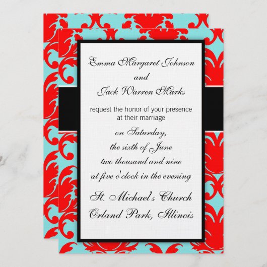 赤とアクアの美しいダマフォーマルスク 招待状 (正面/裏面)