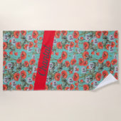 赤とアクアポピーのパターパーソナライズされたン ビーチタオル (正面)