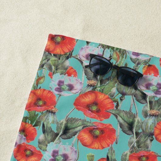 赤とアクアポピーのパターパーソナライズされたン ビーチタオル (インサイチュ)