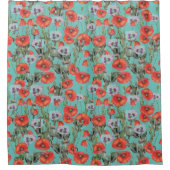 赤とアクアポピー柄シャワーカーテン シャワーカーテン (正面)