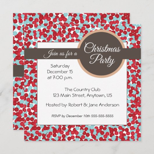 赤とアクア水玉模様クリスマスパーティー 招待状 (正面/裏面)