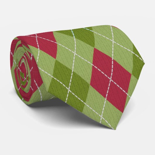 赤とアーガイル緑のダイヤモンドを使用したクリスマスニット ネクタイ (ロール)