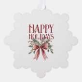 赤とエレガントグリーンボウホリーハッピーホリデーズ オーナメントカード (正面)