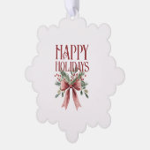 赤とエレガントグリーンボウホリーハッピーホリデーズ オーナメントカード (左)
