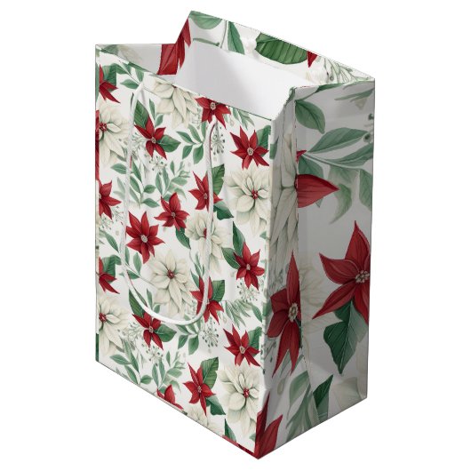 赤とエレガントグリーンポインセティアホリデイ抱き枕 ミディアムペーパーバッグ (正面アングル)