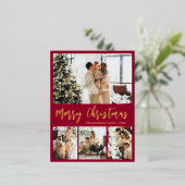 赤とエレガントゴールドフォイルのスクリプト休日はがき 箔シーズンポストカード (立ち正面)