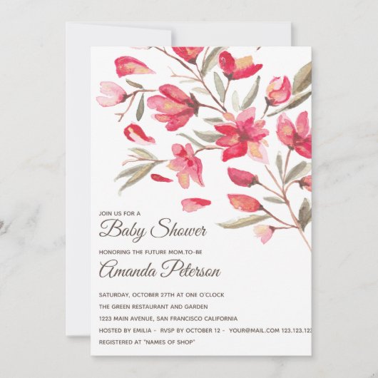 赤とエレガントピンクの花を開花赤ちゃんシャワー 招待状 (正面)
