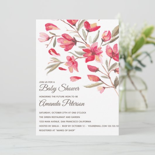 赤とエレガントピンクの花を開花赤ちゃんシャワー 招待状 (スタンド正面)