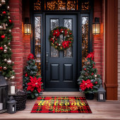 赤とエレガント緑のタータンチェック格子模様クリスマス ドアマット