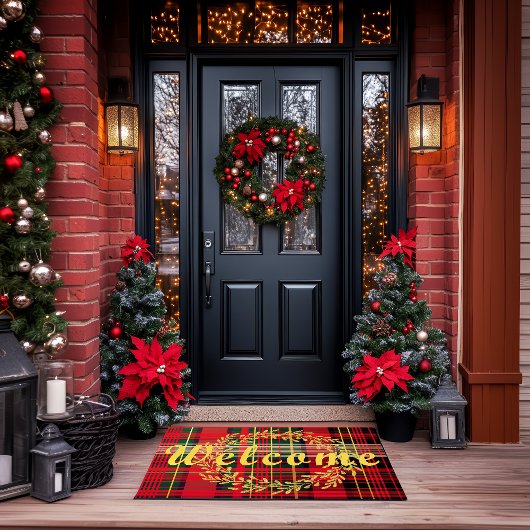赤とエレガント緑のタータンチェック格子模様クリスマス ドアマット