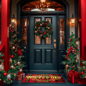 赤とエレガント緑のタータンチェック格子模様クリスマス ドアマット