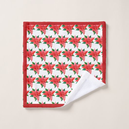 赤とエレガント緑のポインセチアフローラクリスマス バスタオルセット (ウォッシュタオル)