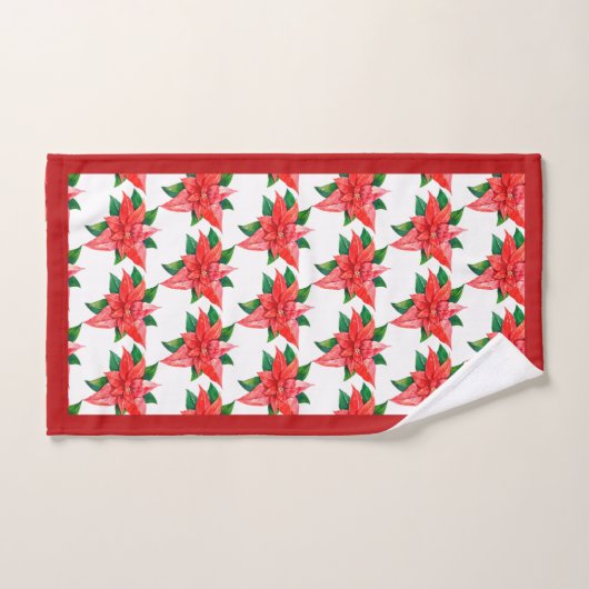 赤とエレガント緑のポインセチアフローラクリスマス バスタオルセット (ハンドタオル)