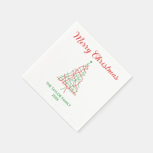 赤とエレガント緑のラインメリークリスマスパーティー スタンダードカクテルナプキン (角)