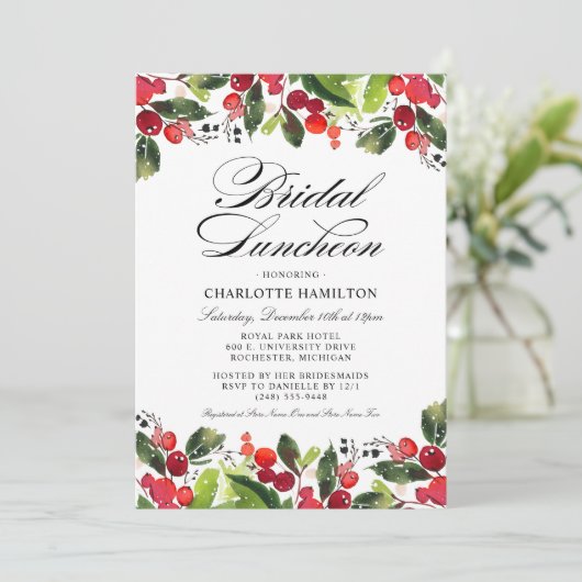 赤とエレガント緑の休日ブライダルルンチョン 招待状 (スタンド正面)