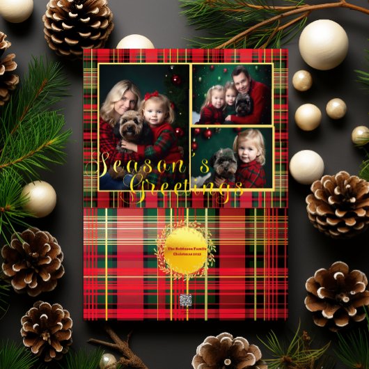 赤とエレガント緑の格子模様の写真クリスマス シーズンカード
