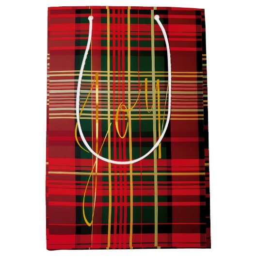 赤とエレガント緑の格子模様の「喜び」スクリプトの休日 ミディアムペーパーバッグ (正面)