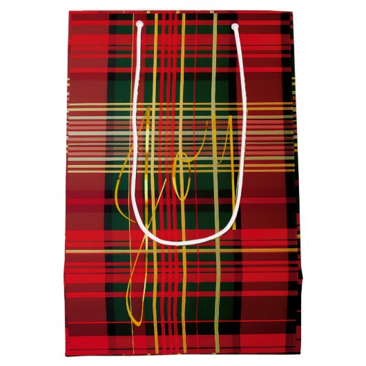 赤とエレガント緑の格子模様の「喜び」スクリプトの休日 ミディアムペーパーバッグ (裏面)