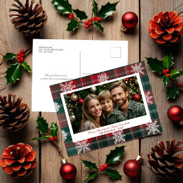 赤とエレガント緑の雪片ホリデーポストカード シーズンポストカード