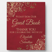 赤とエレガント金ゴールドがゲストブックに署名結婚する フォトプラーク (正面)