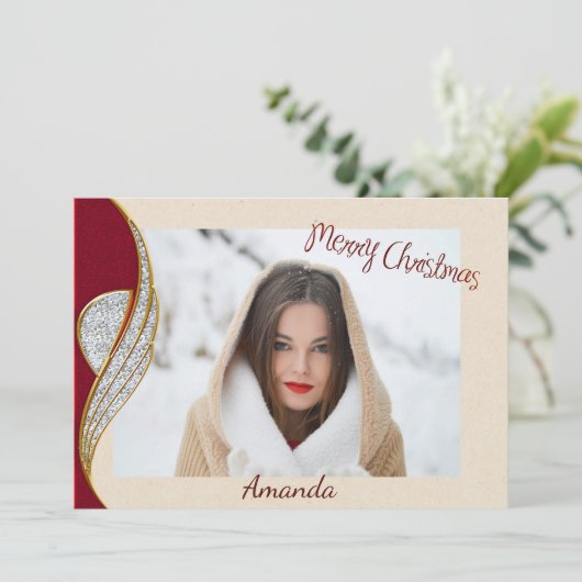 赤とエレガント金ゴールドのクリスマスフォトカード シーズンカード (スタンド正面)