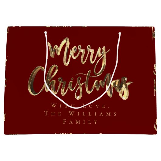 赤とエレガント金ゴールドはスクリプトを見るメリークリスマス ラージペーパーバッグ (正面)